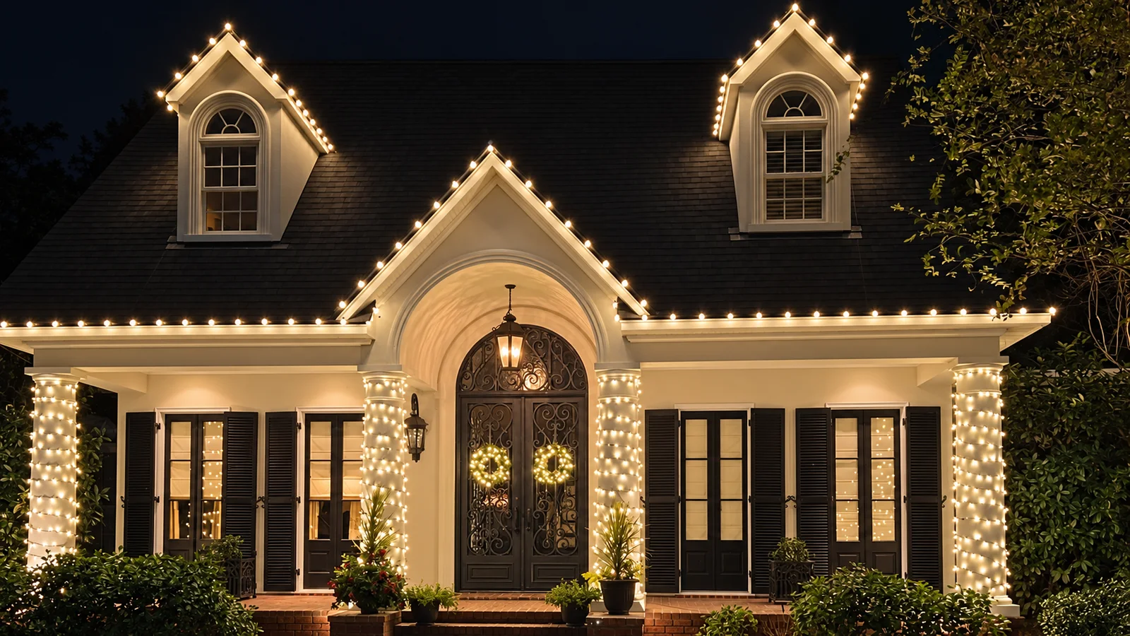 Warm white Christmas lights outlining a home’s roofline, columns and wreaths at night