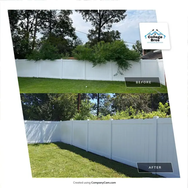 Before and after of a long white fence line revealed beside a sunlit lawn