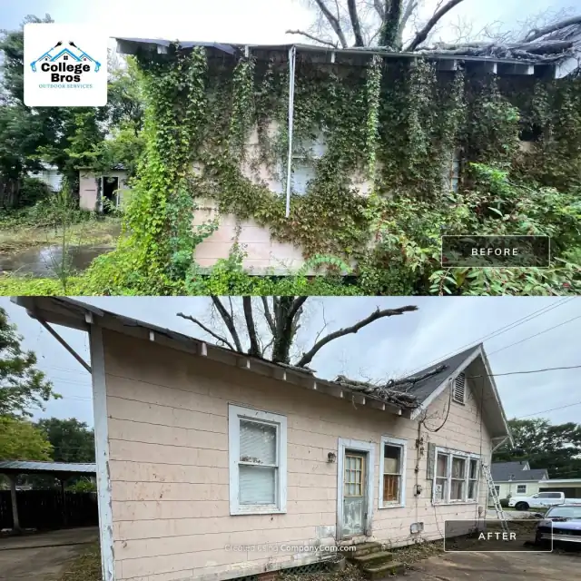 Before and after of an ivy-engulfed house completely cleared of vines