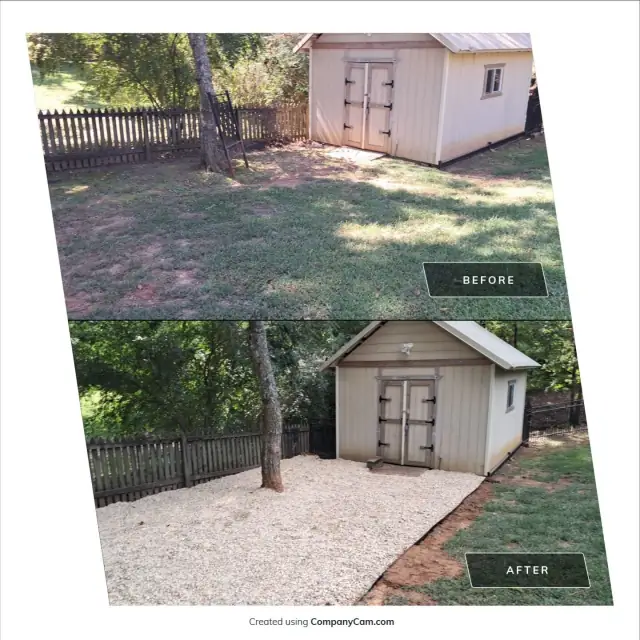 Before and after of a backyard shed with a new white gravel pad