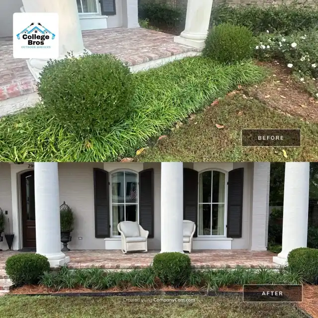 White-columned brick porch with wicker chairs and trimmed boxwood globes after a landscaping refresh
