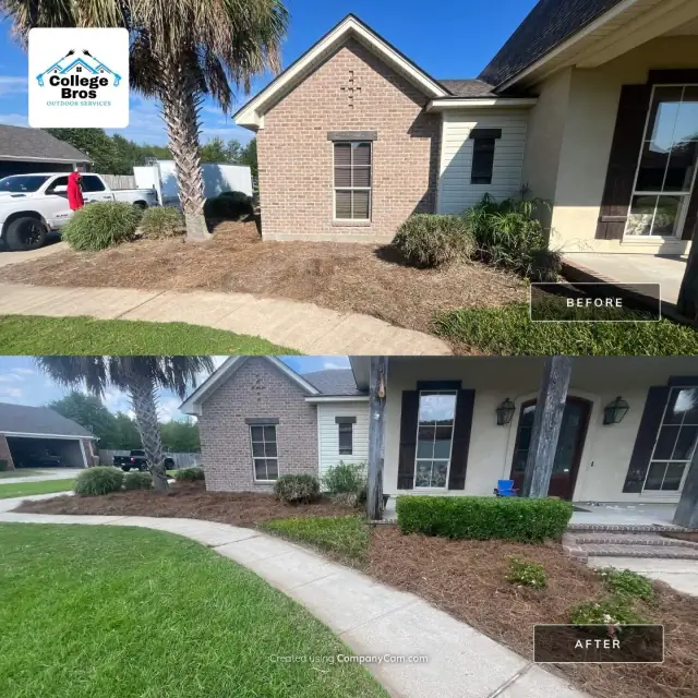 Before and after foundation-bed refresh with a green lawn and curving walkway