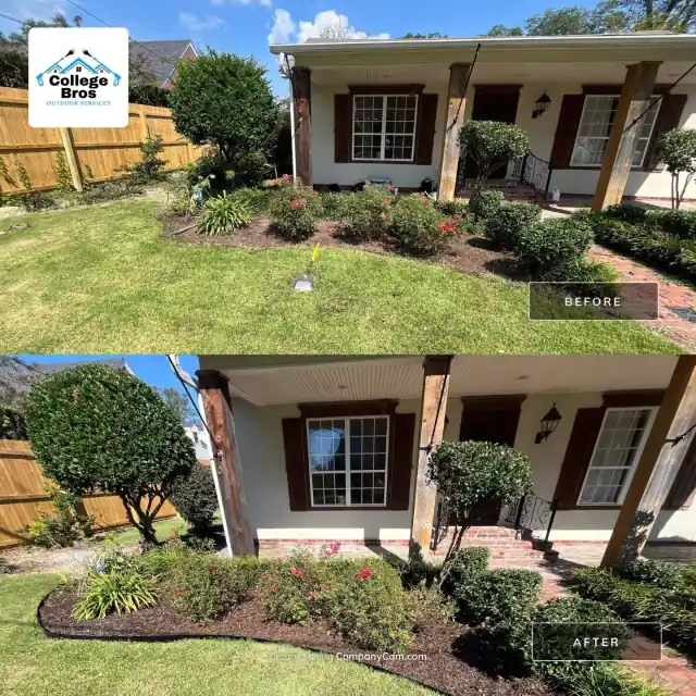 Before and after porch-bed refresh with red roses and clean bed lines at a charming house