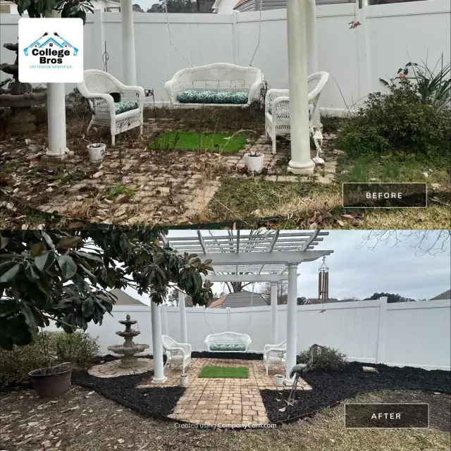 Before and after of a weedy patio transformed with a white pergola, swing, fountain, and black mulch beds