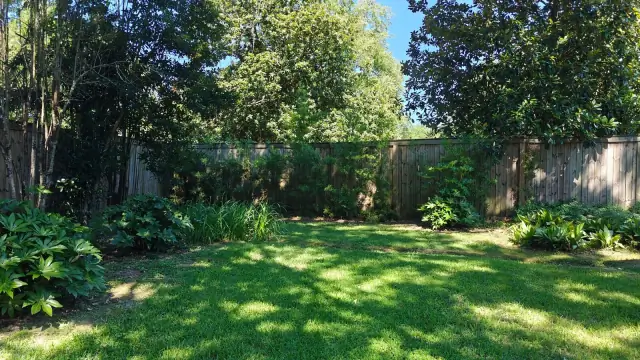 Lush backyard with tidy fence-line beds and a rich green lawn