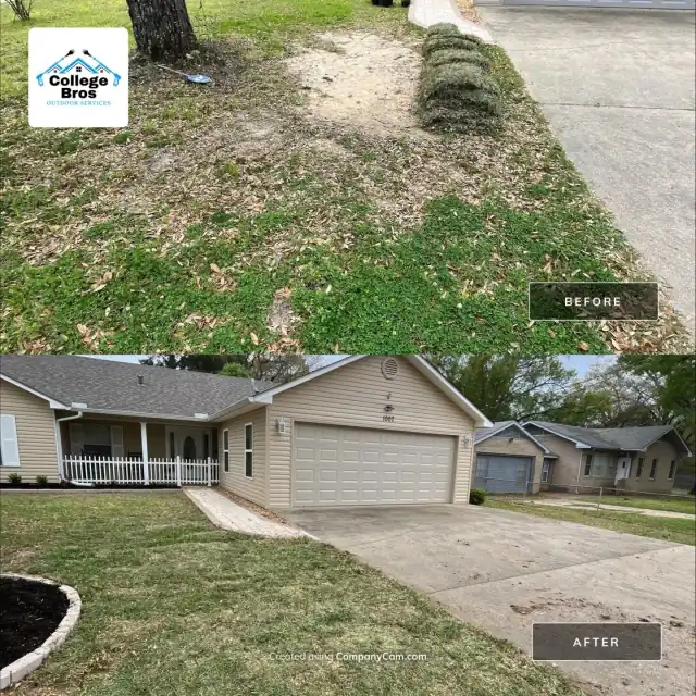 Before and after of staged sod rolls installed as a finished green front yard with a clean driveway
