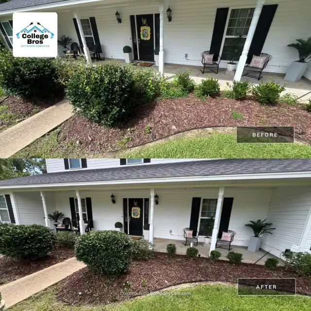 Before and after landscaping refresh at a white porch with black shutters