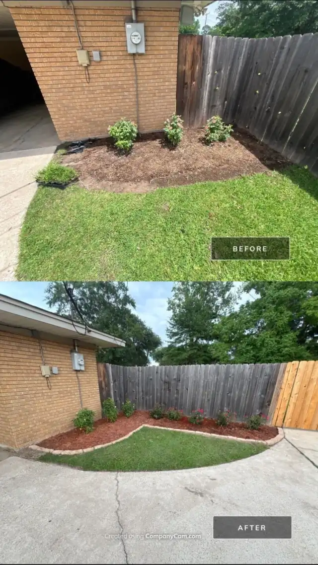 Before and after corner-bed refresh with vivid red mulch and crisp edging