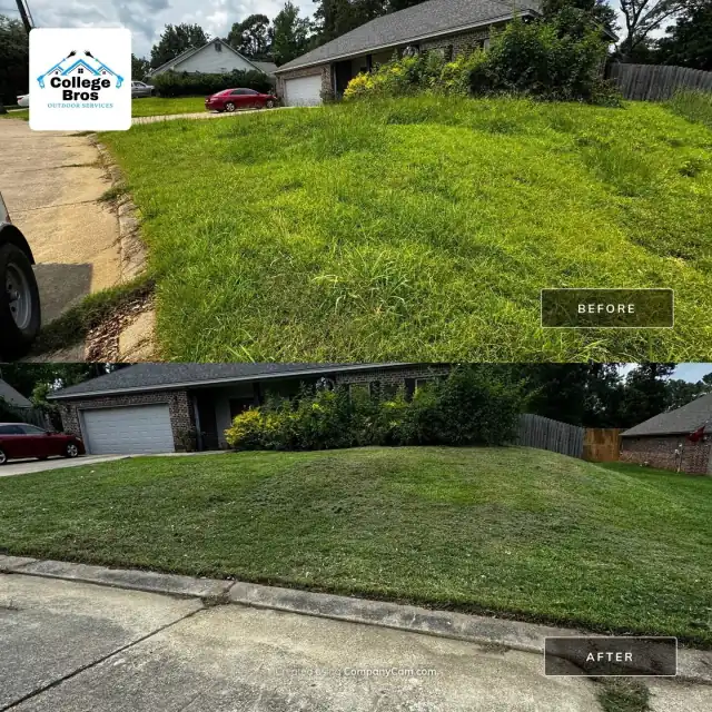 Before and after of knee-high grass mowed to a clean uniform slope