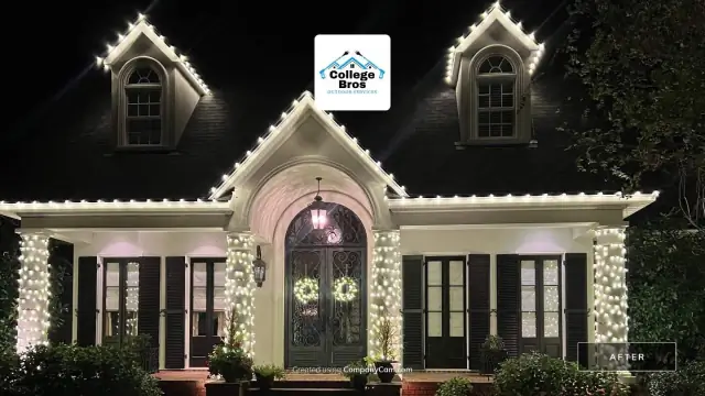 Home at night with crisp roofline holiday lights, wrapped columns, and lit wreaths
