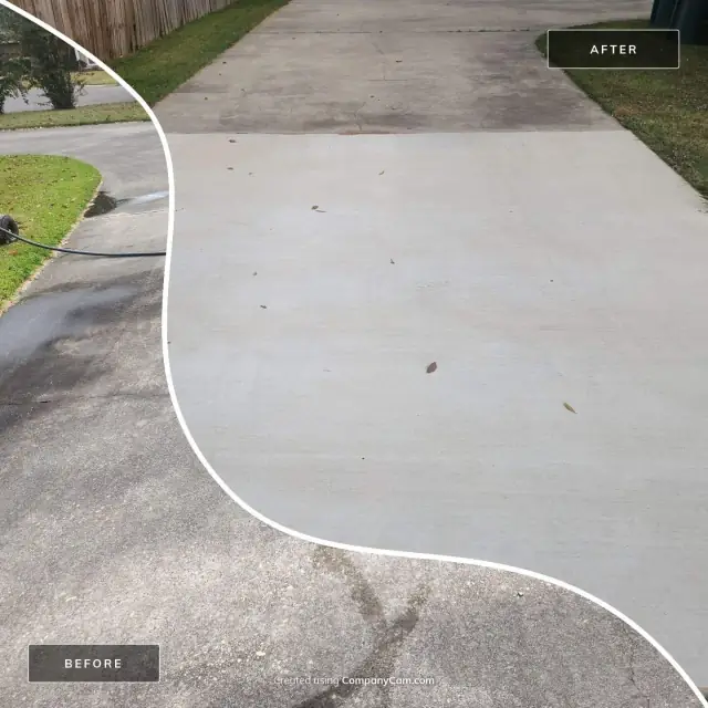 Before and after of a driveway washed to bright uniform concrete