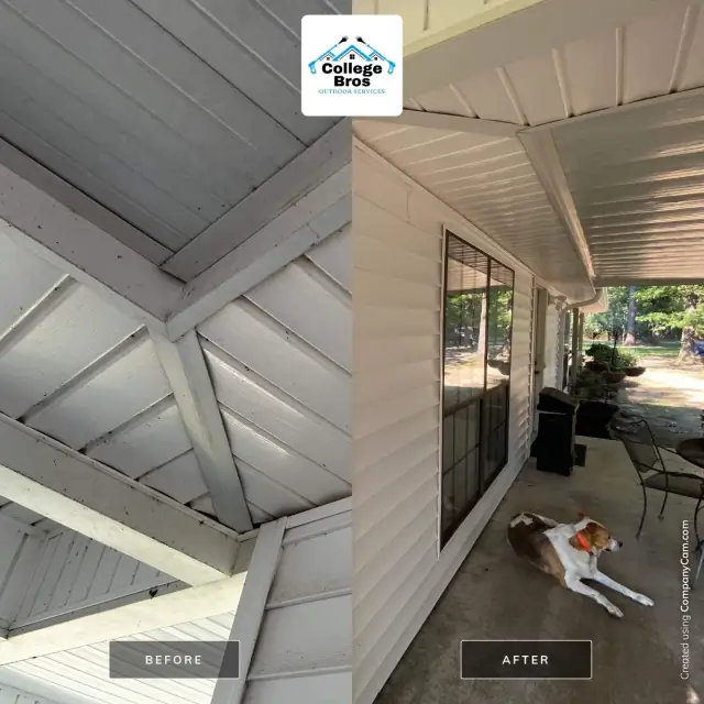 Before and after of a porch ceiling washed bright white, with a dog resting in the after view