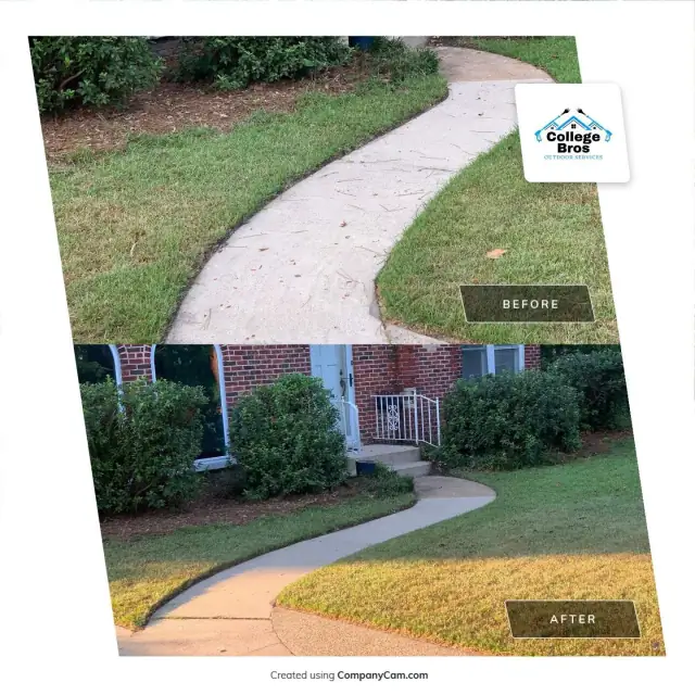 Freshly pressure-washed curved walkway leading to a brick home in golden-hour light