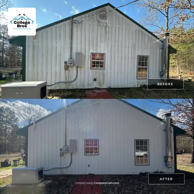 Before and after of an algae-covered barn washed to bright white siding in the sun