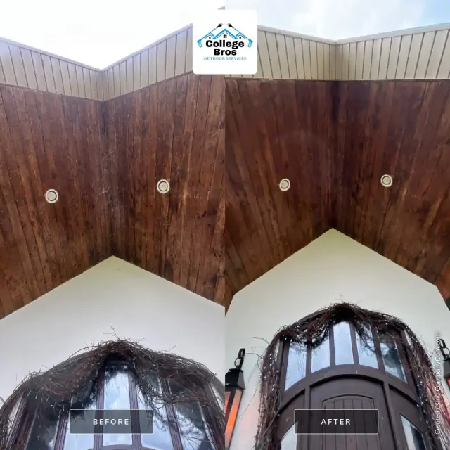 Rich stained-wood gable ceiling visibly brightened by washing