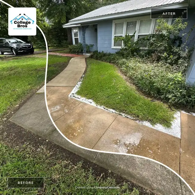 Before and after of a curving walkway pressure-washed clean, with a strong leading line