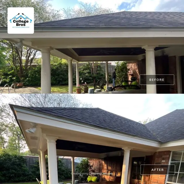 Bright washed roofline and clean white columns under a blue sky