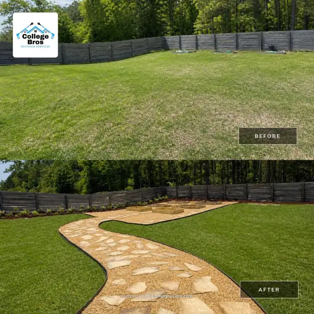 Before and after of a patchy yard transformed into deep-green lawn with a winding flagstone-and-gravel path and edged beds