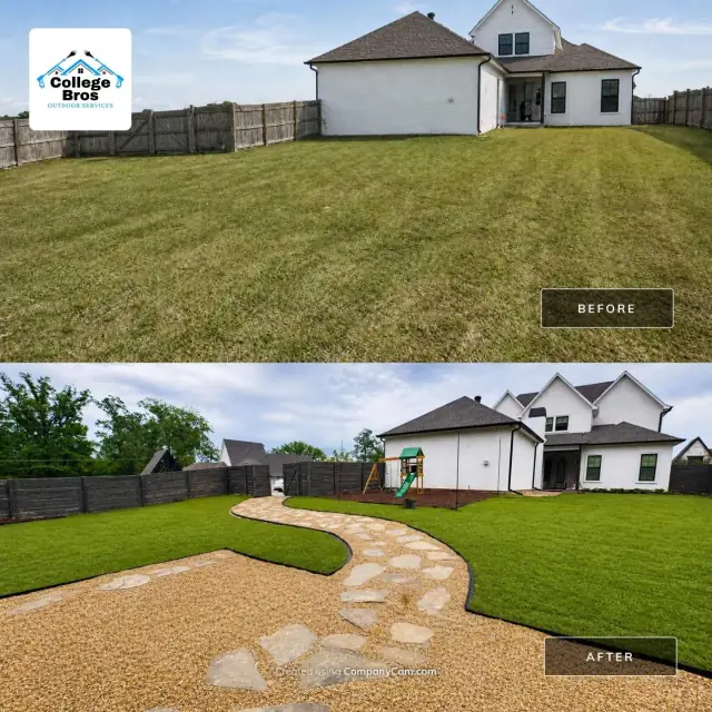 Before and after wide backyard makeover with new sod and a winding stone path at a white house under a blue sky