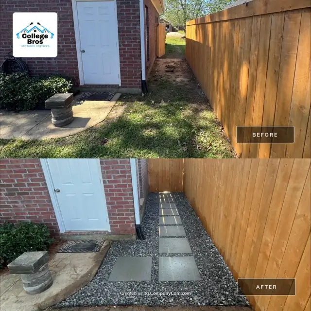 Side yard converted to a gravel bed with a stepping-stone path along a cedar fence