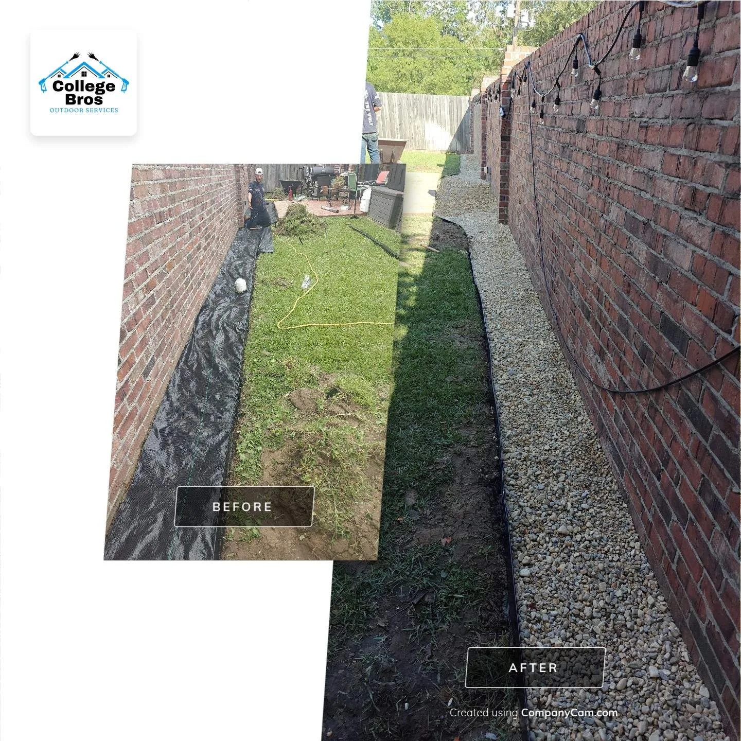 Before and after of a narrow side yard converted to a clean gravel strip with edging along a brick wall