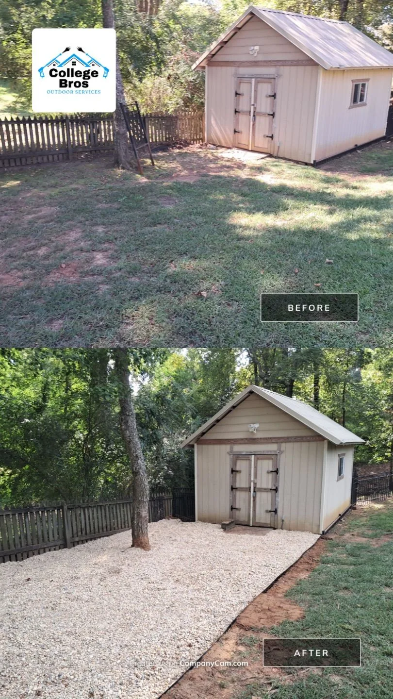 Before and after of a backyard shed area upgraded from thin grass to a fresh gravel bed