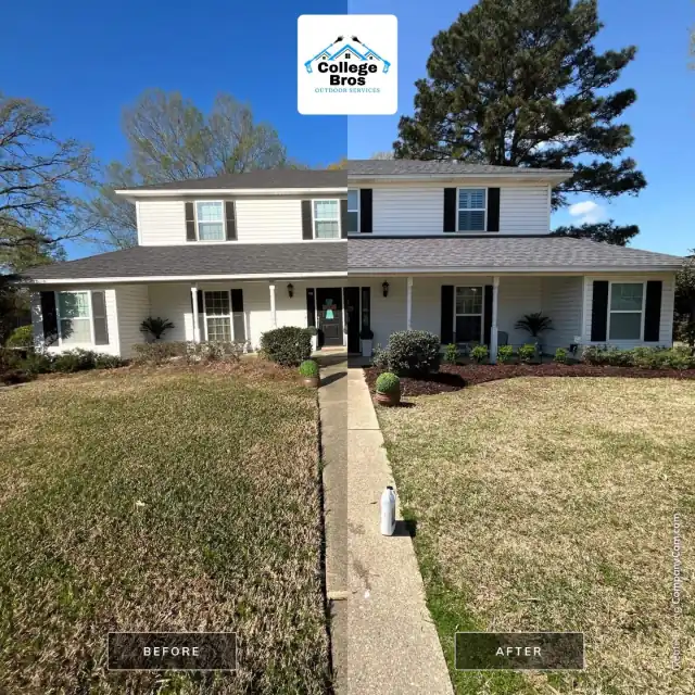 Before and after of a full two-story home facade with transformed beds and trim and a walkway leading line under a blue sky