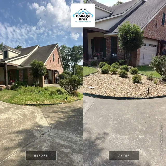 Before and after of an overgrown entry transformed into crisp rock-mulch beds with trimmed shrubs under a sunny blue sky