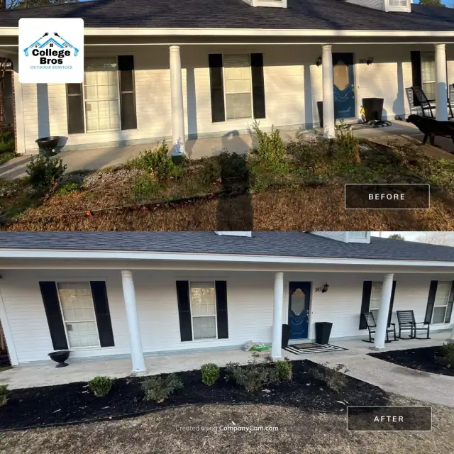 Crisp white-columned porch above fresh dark mulch beds
