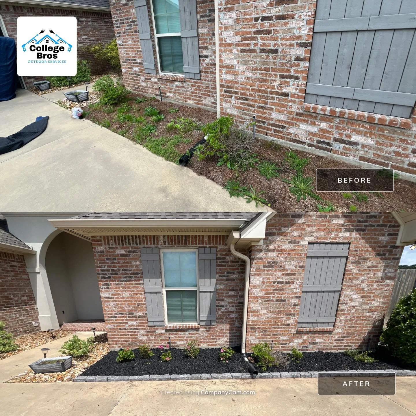 Before and after of a driveway-side bed rebuilt with stone edging, black mulch, and new plantings