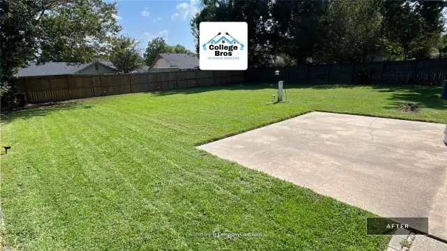 Sunny backyard lawn with visible mow stripes beside a patio