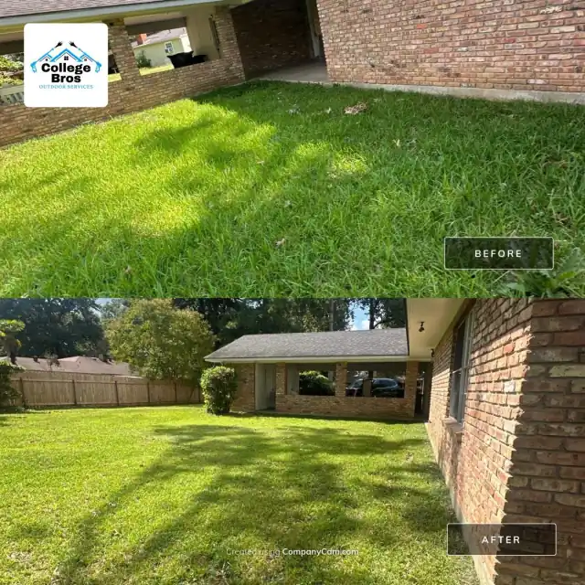 Before and after of tall grass mowed to a vivid sunlit green lawn at a brick home