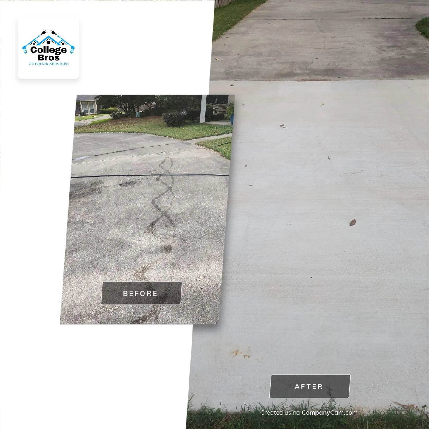 Before and after of a stained, tire-marked concrete driveway pressure washed to a uniform bright finish