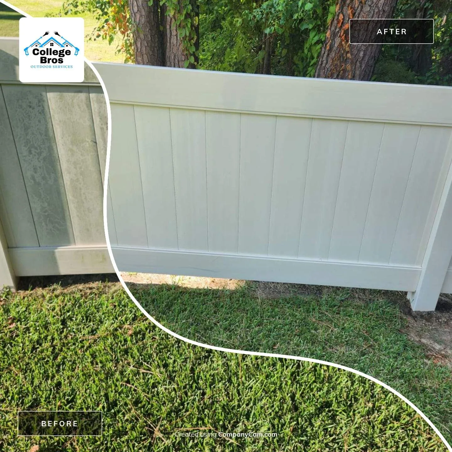 Before and after of a vinyl privacy fence with gray mildew stains restored to bright white