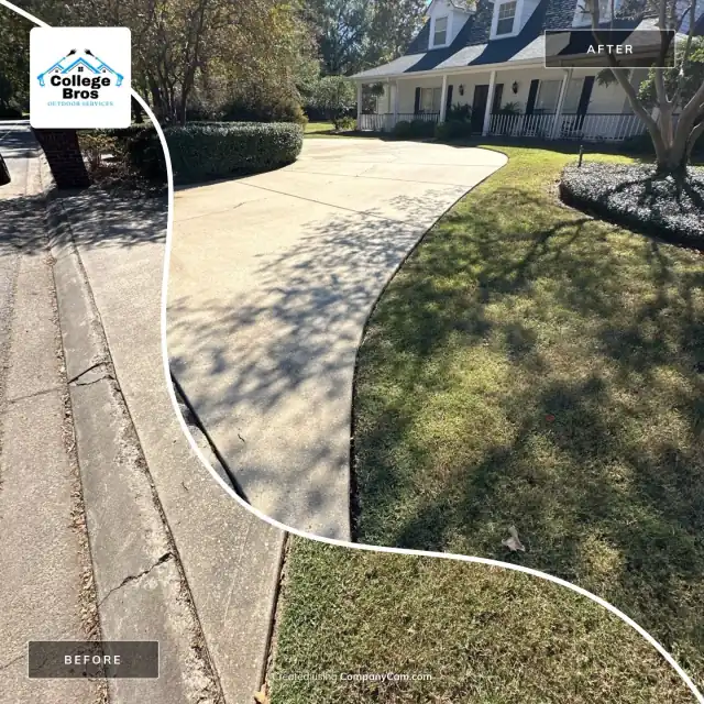 Bright freshly washed curved driveway sweeping to a two-story home with a healthy lawn