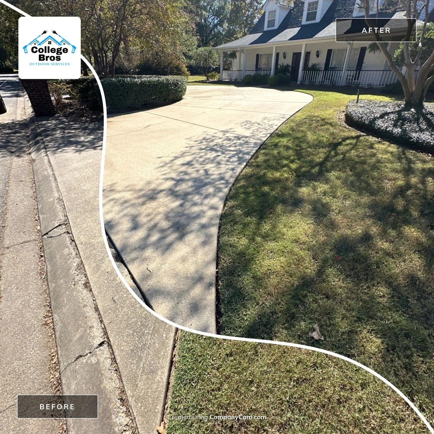 Before and after of a long curved driveway pressure washed from gray and stained to bright clean concrete