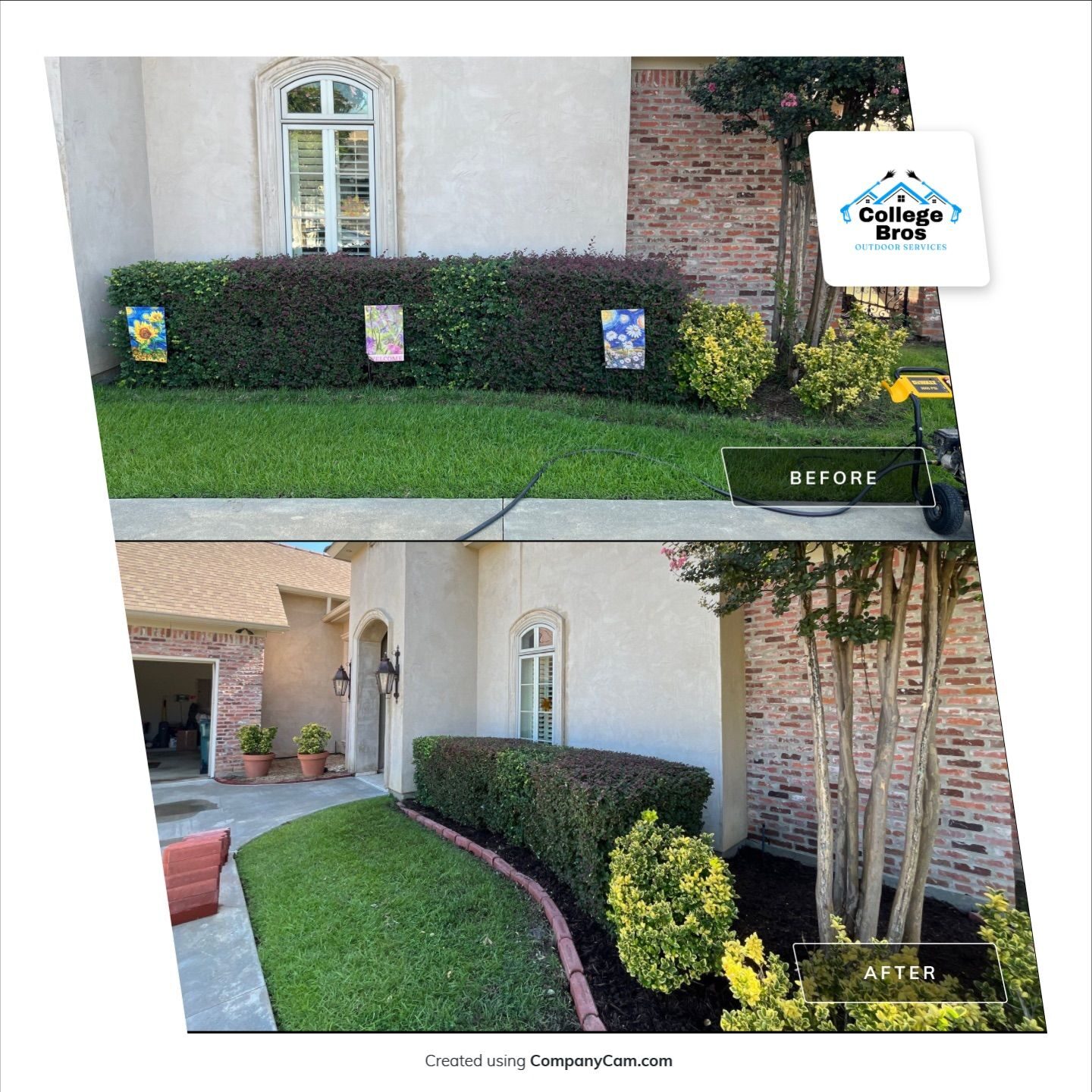 Before and after composite of a two-story brick and stucco home front bed: overgrown hedges covering the window sills, then sheared level below the windows with the lawn edge cleaned up