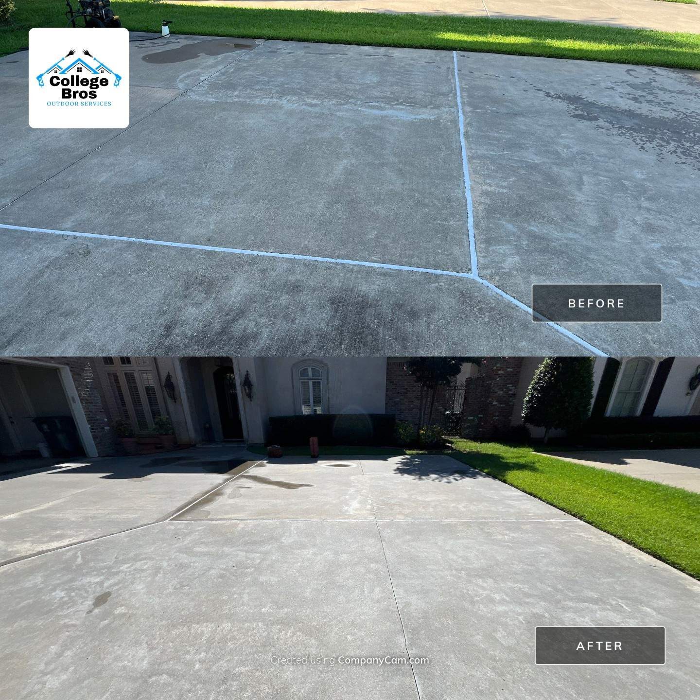 Before and after composite of a large concrete driveway pressure washing: mottled dark gray staining across the slab, then clean bright uniform concrete