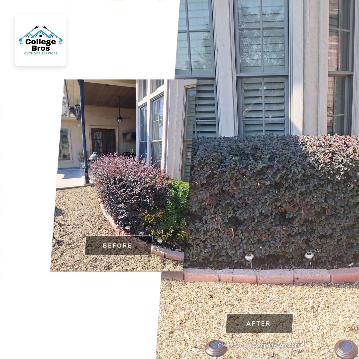 Before and after composite from a mid-October visit showing the patio-side hedge maintained dense and flat above a tidy gravel bed