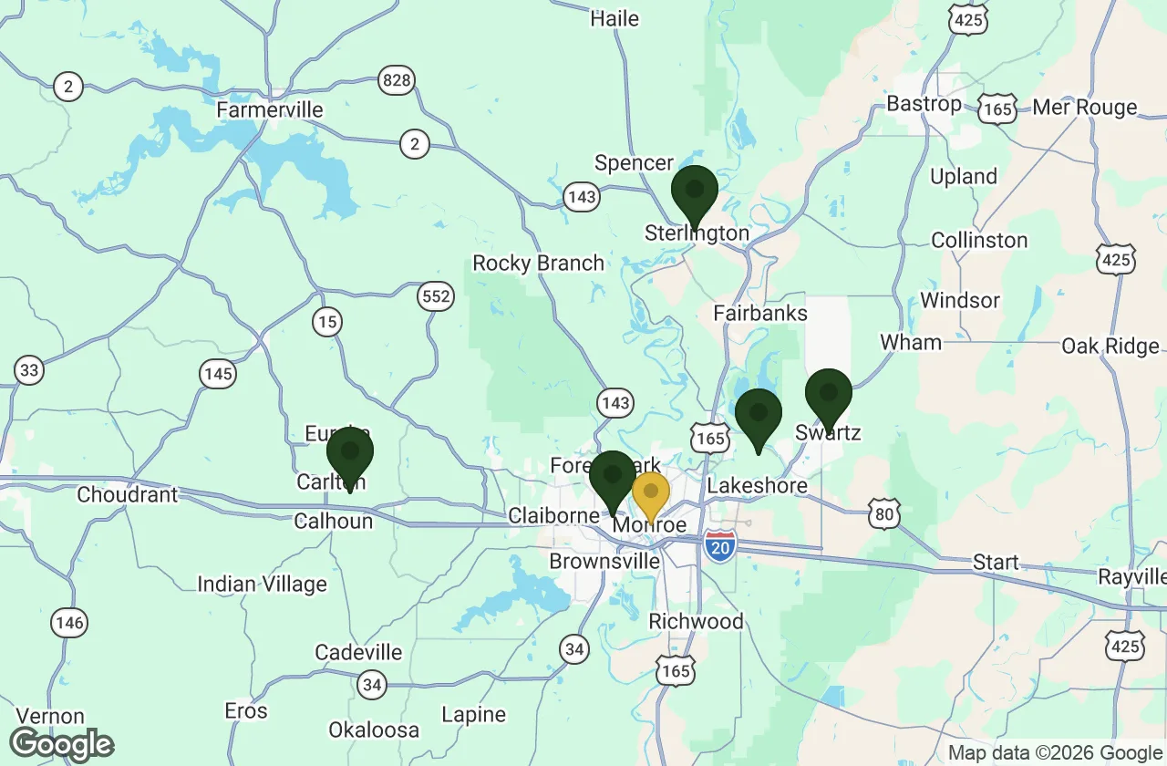 Map of the College Bros service area around Monroe, Louisiana, with pins on Monroe, West Monroe, Sterlington, Calhoun, Swartz, and Lakeshore