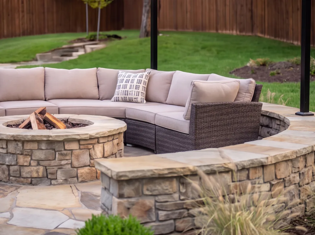 Close-up of a stone-clad fire pit with firewood, ringed by a seating wall