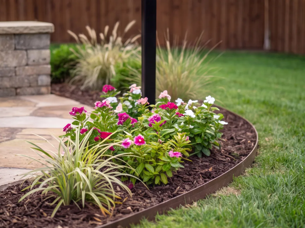 Close-up of a planted flower bed with clean steel edging beside flagstone