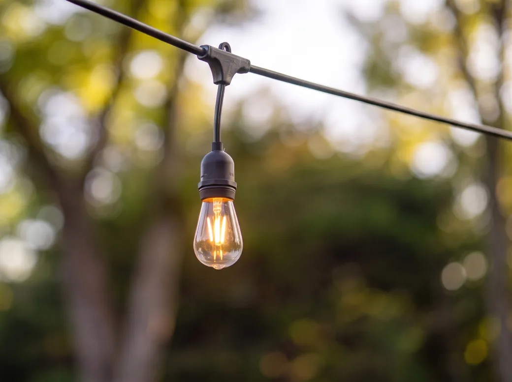 Close-up of warm string bistro lights strung over a patio