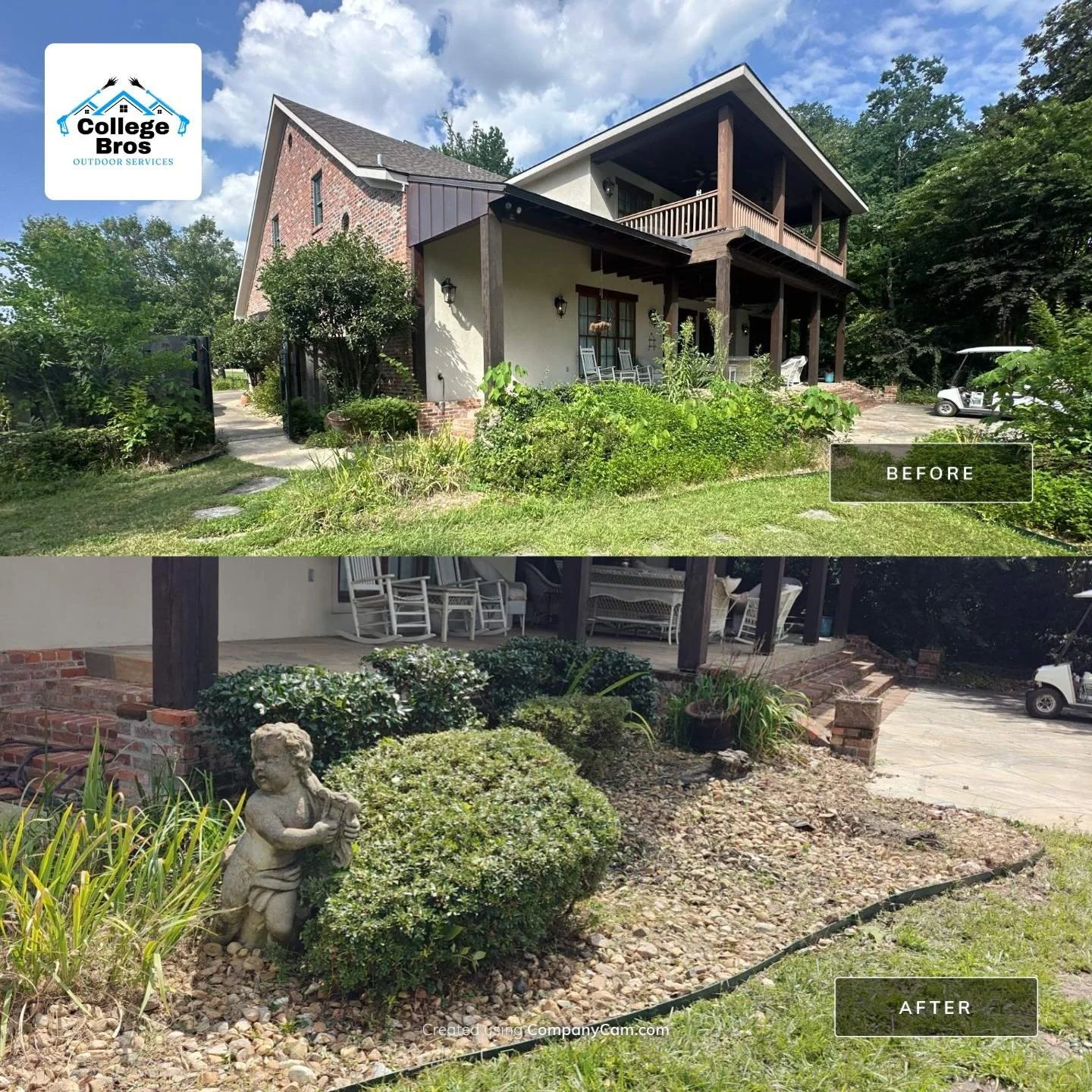 Before and after results of a College Bros soft washing job on a Northeast Louisiana home, algae and grime removed from the siding